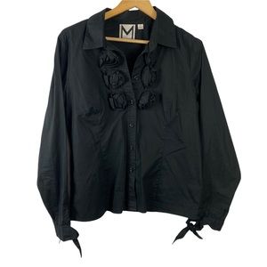 Marc Bouwer career work black shirt top ruffle long sleeve shirt M Button down
